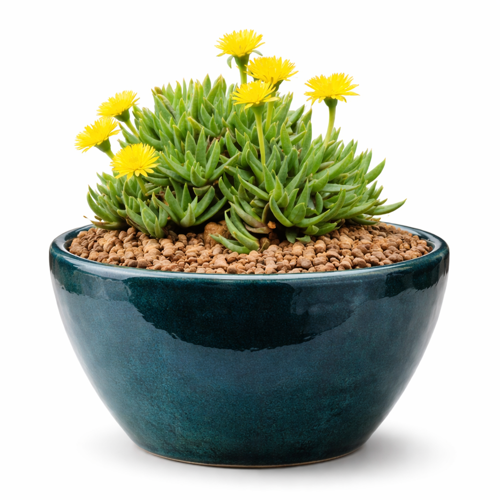 Bergeranthus jamesii succulenta con foglie verdi e fiori gialli in vaso di ceramica blu
