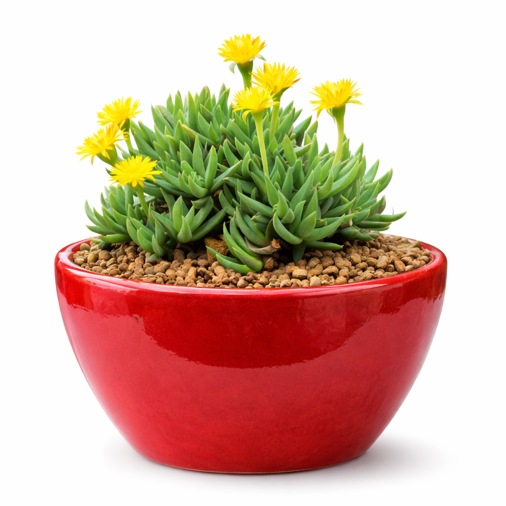 Bergeranthus jamesii succulent with green fleshy leaves and yellow flowers in red pot