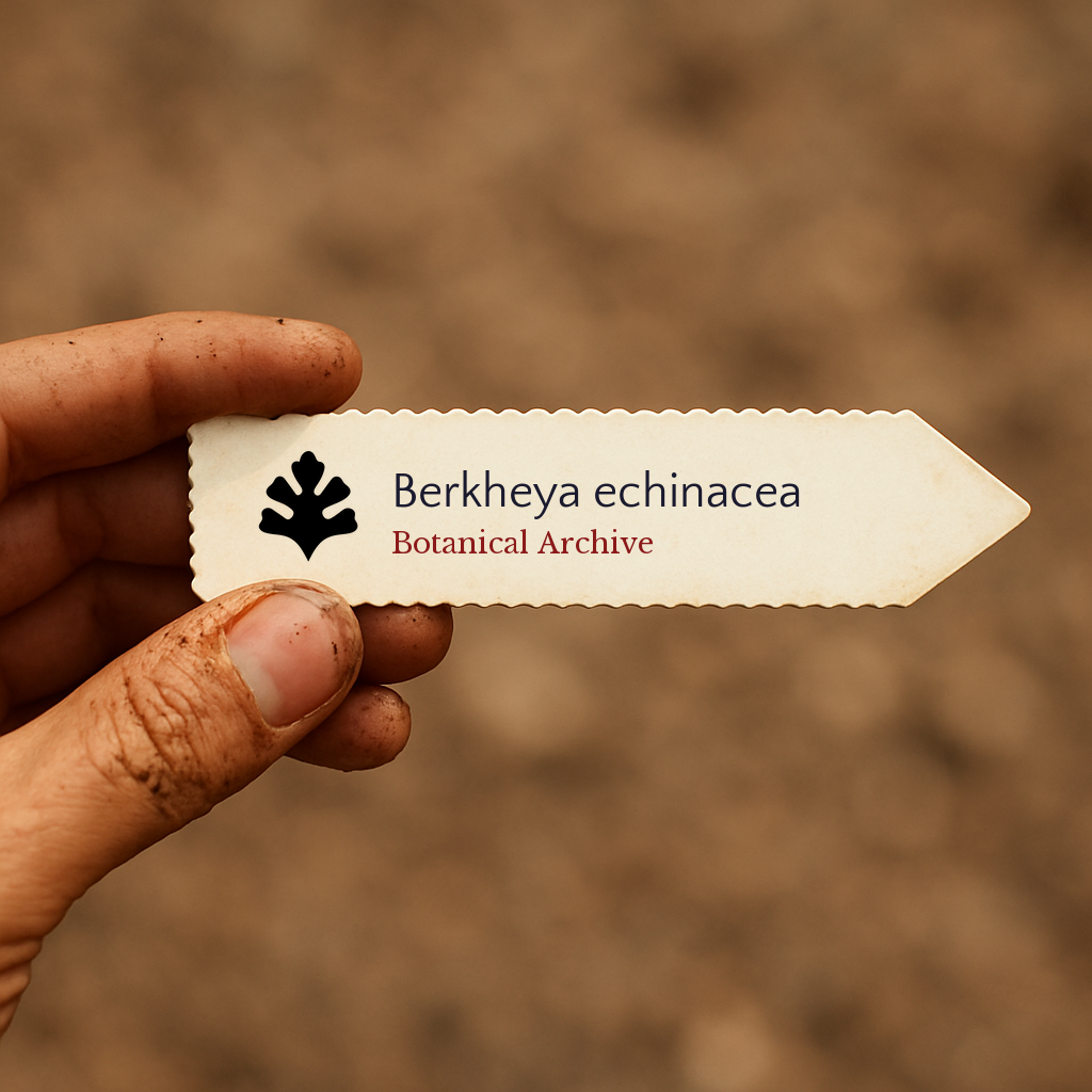 Printed plant label for Berkheya echinacea held by hand with soil background