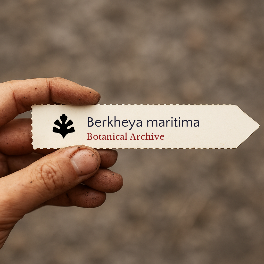 Printed plant label for Berkheya maritima held by hand with soil-stained fingers