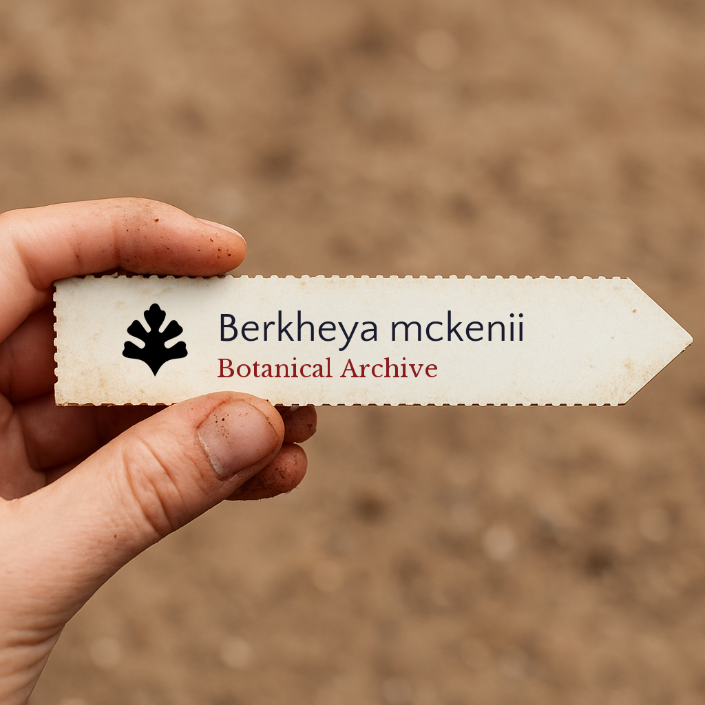 Printed plant label for Berkheya mckenii held by hand with soil background