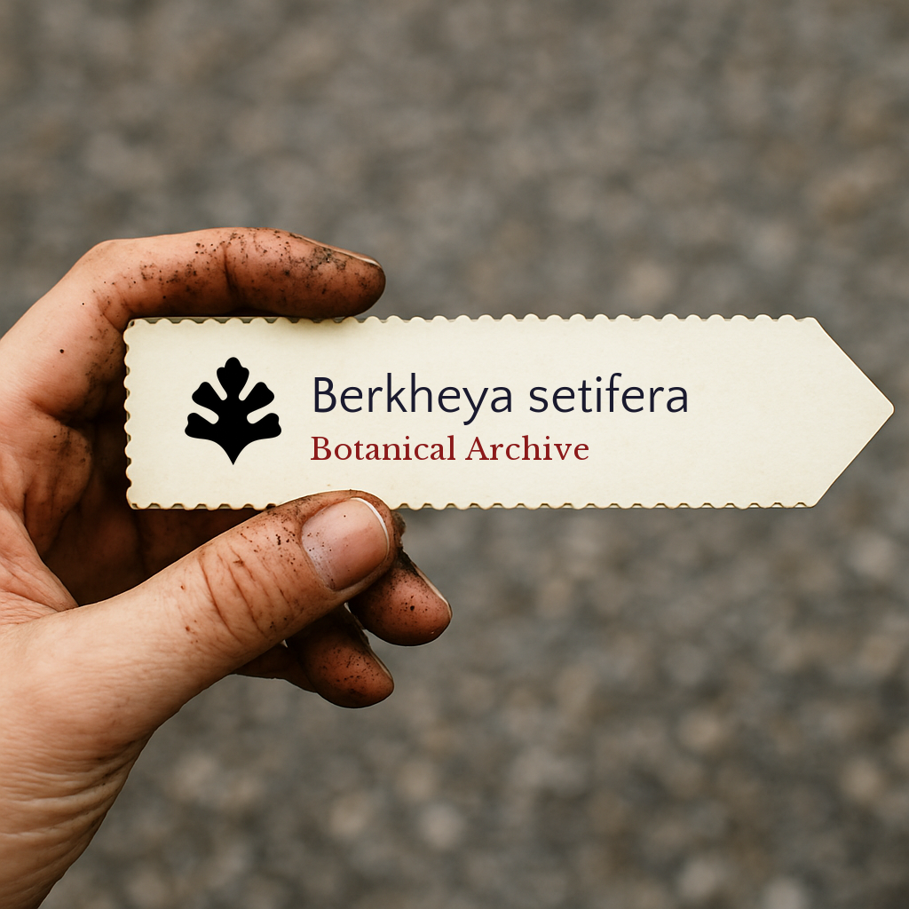 Etichetta stampata per pianta di Berkheya setifera tenuta da una mano sporca all'aperto