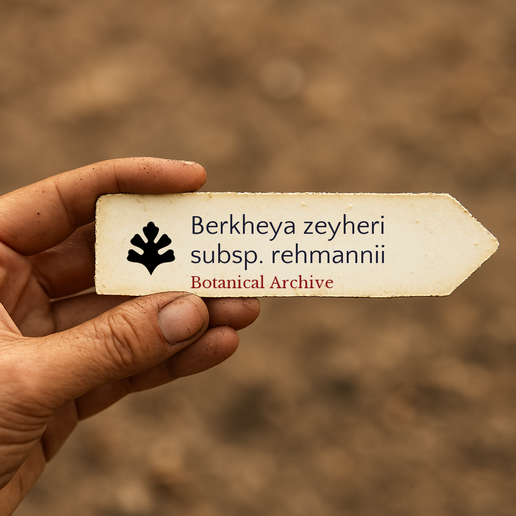 Printed plant label for Berkheya zeyheri subsp. rehmannii held by hand with soil background