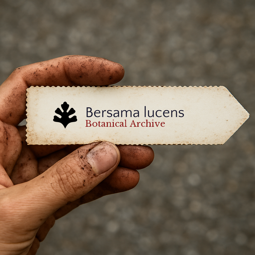 Etichetta stampata per pianta di Bersama lucens tenuta da mano sporca contro sfondo sfocato