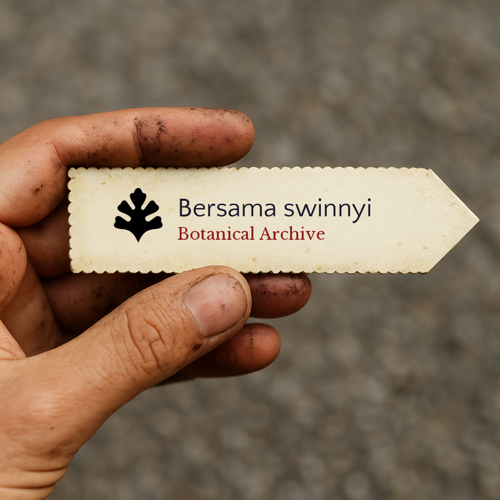 Etichetta per pianta di Bersama swinnyi Botanical Archive tenuta da una mano sporca
