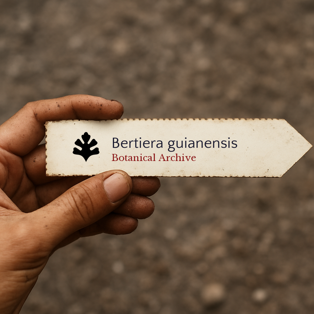 Printed plant label for Bertiera guianensis with botanical archive logo in hand