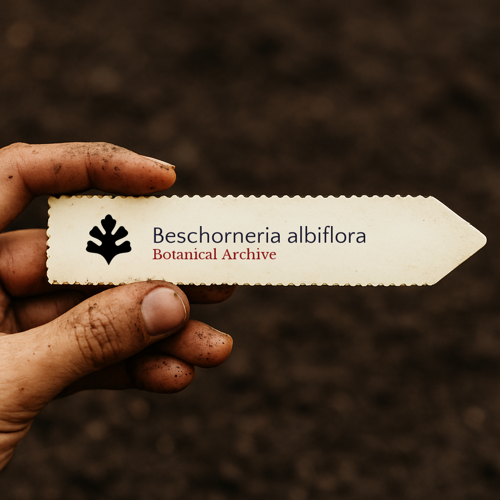 Etichetta stampata per pianta di Beschorneria albiflora tenuta da mano sporca sullo sfondo di terra
