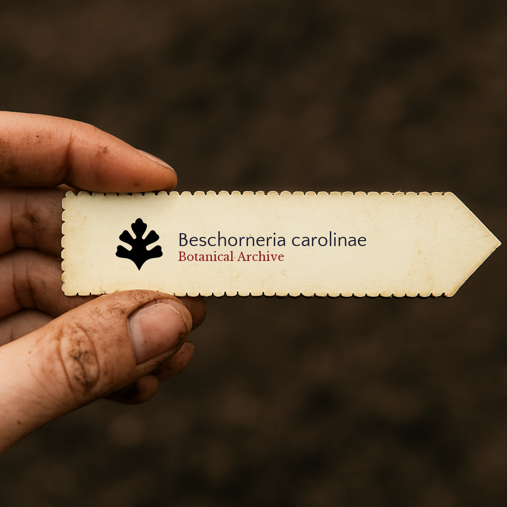 Etichetta per pianta di Beschorneria carolinae con logo foglia nera tenuto da mano sporca