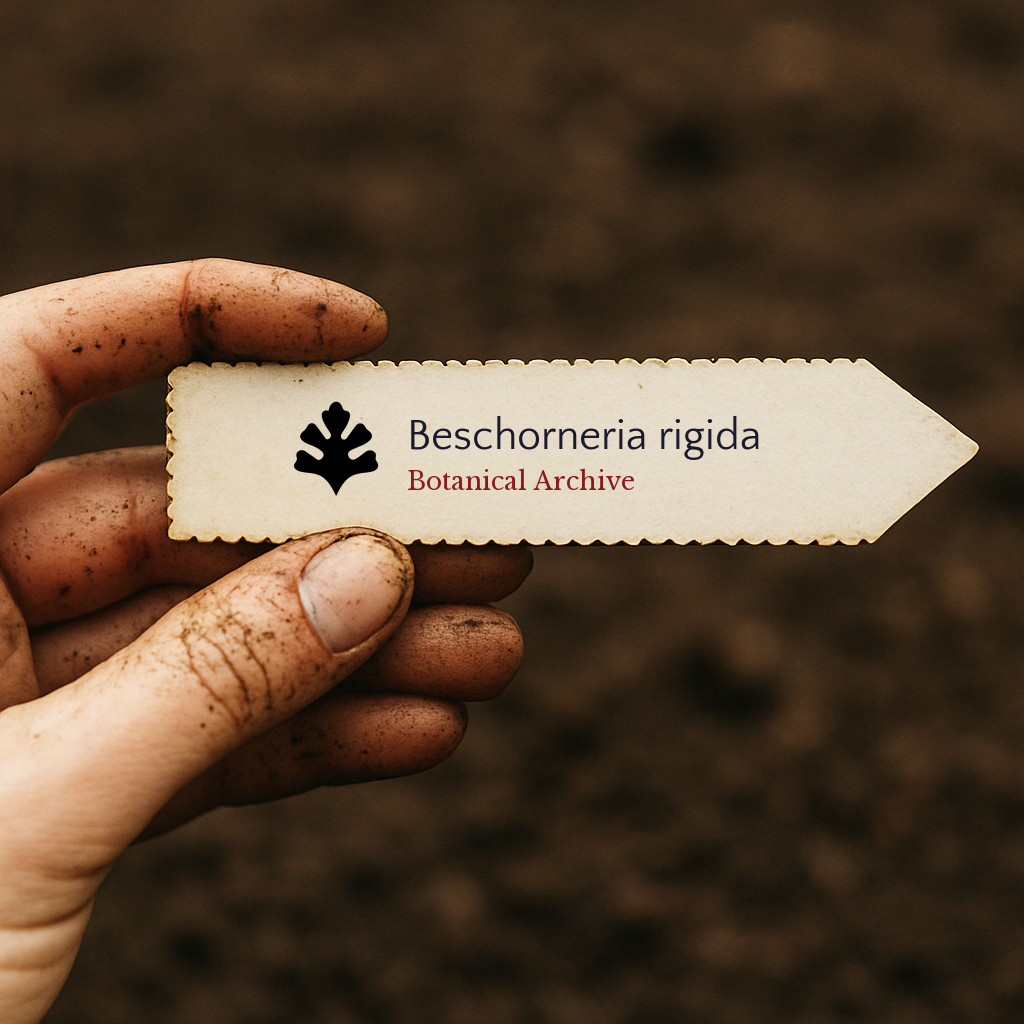 Printed plant label for Beschorneria rigida held by dirty hand over soil background