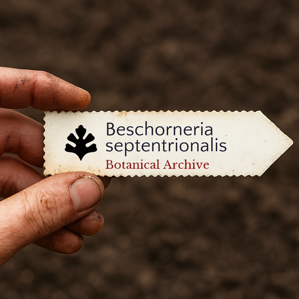 Printed plant label for Beschorneria septentrionalis held over soil background