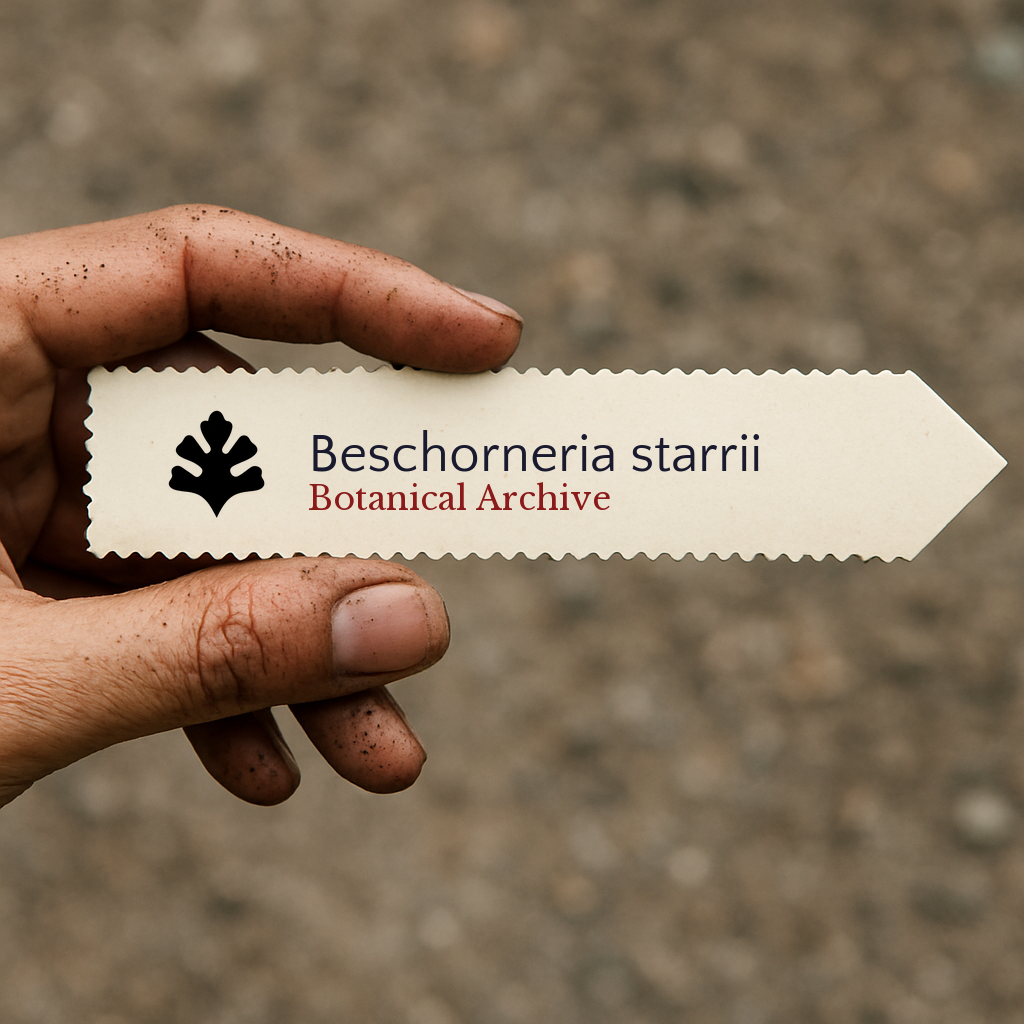 Etichetta per pianta stampata per Beschorneria starrii tenuta da una mano sporca all'aperto