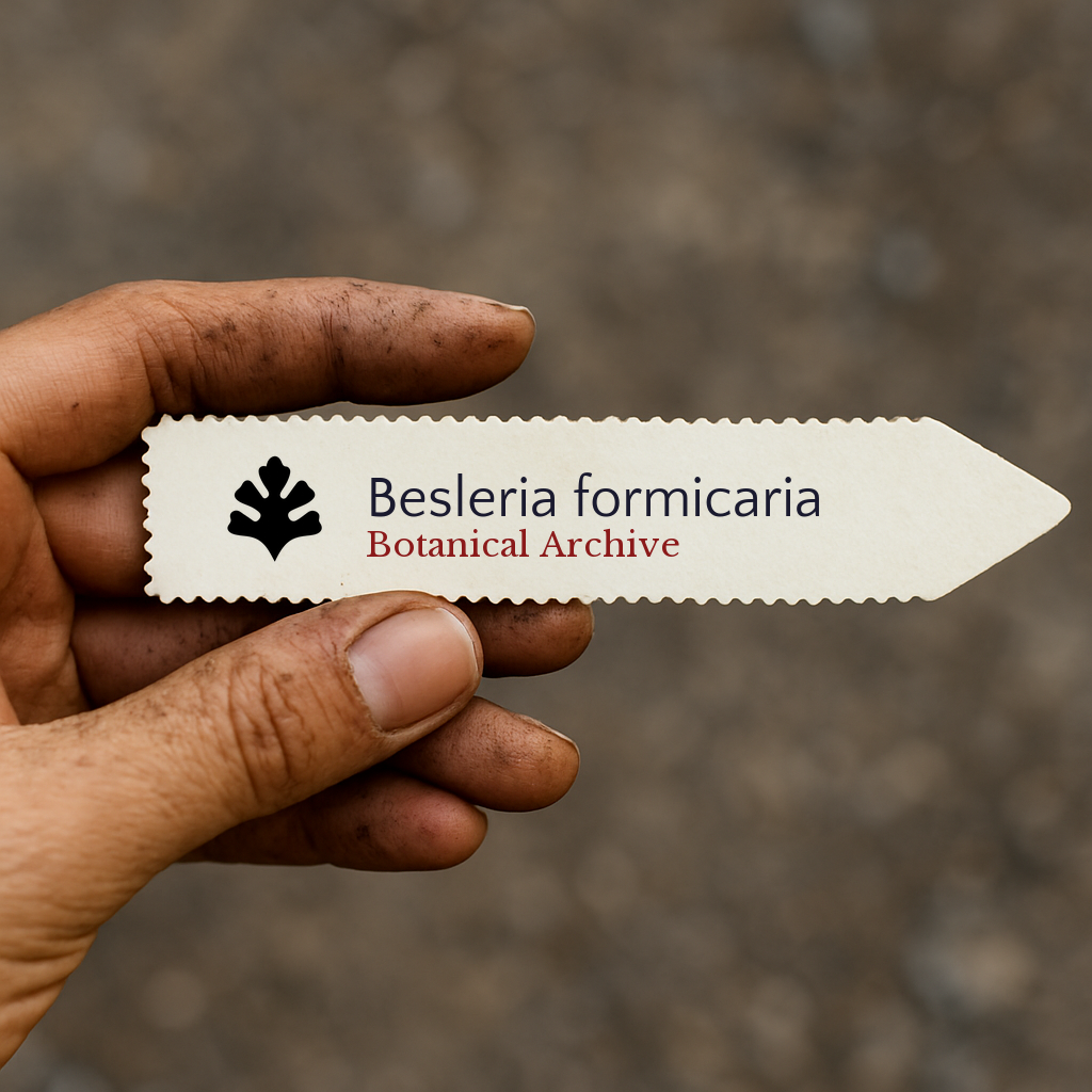 Printed plant label for Besleria formicaria held by hand with soil background