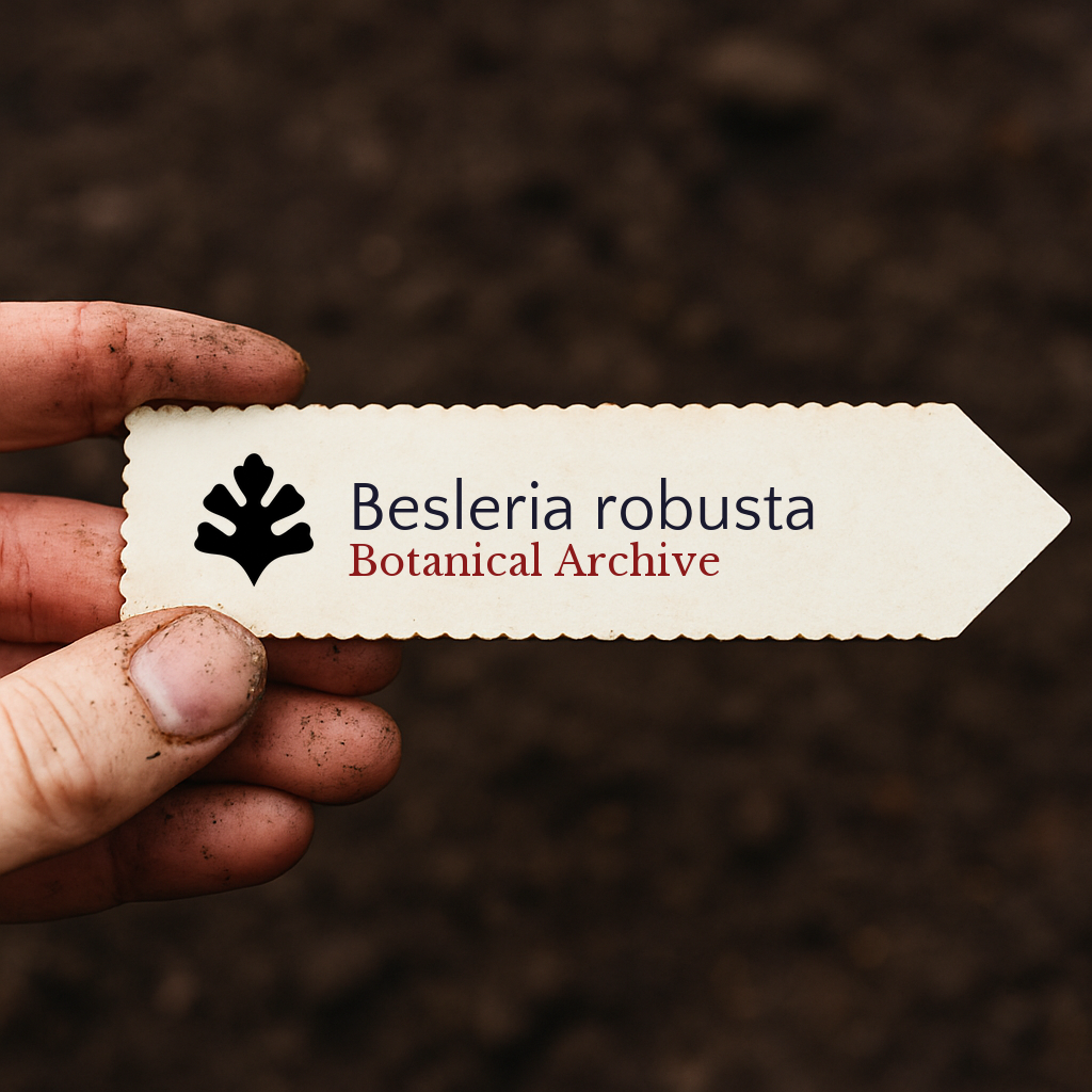 Printed plant label for Besleria robusta held by dirty hand over soil background