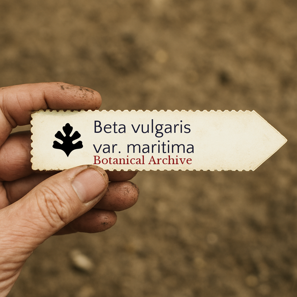 Etichetta vegetale stampata per Beta vulgaris var. maritima tenuta sopra il terreno come sfondo