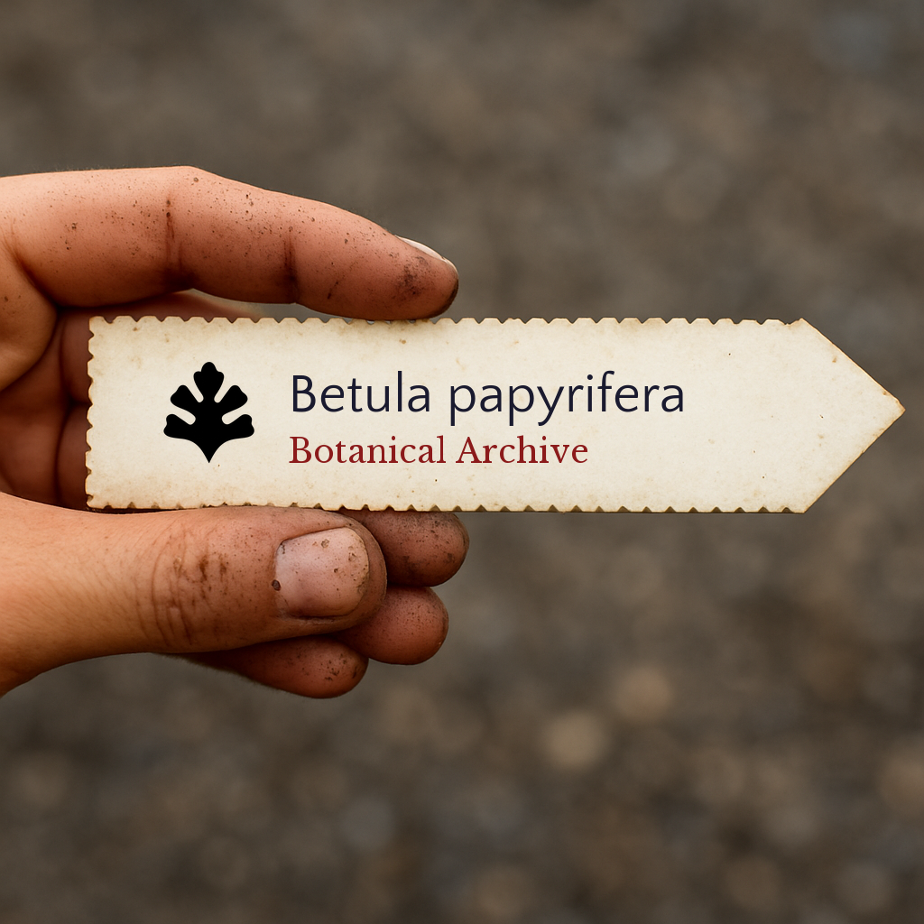 Etichetta stampata per pianta di Betula papyrifera tenuta da mano sporca all'aperto