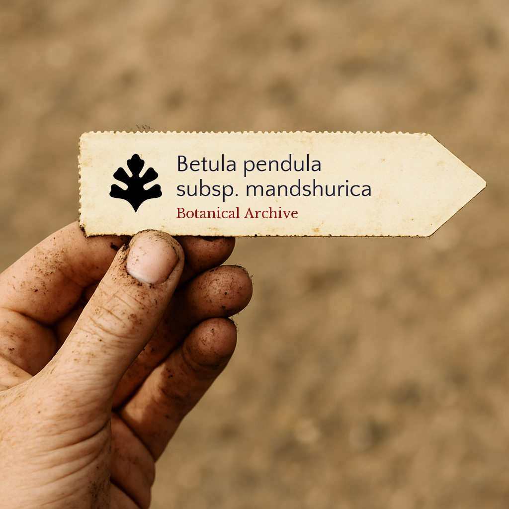 Etichetta per pianta stampata per Betula pendula subsp. mandshurica tenuta da una mano sporca all'aperto