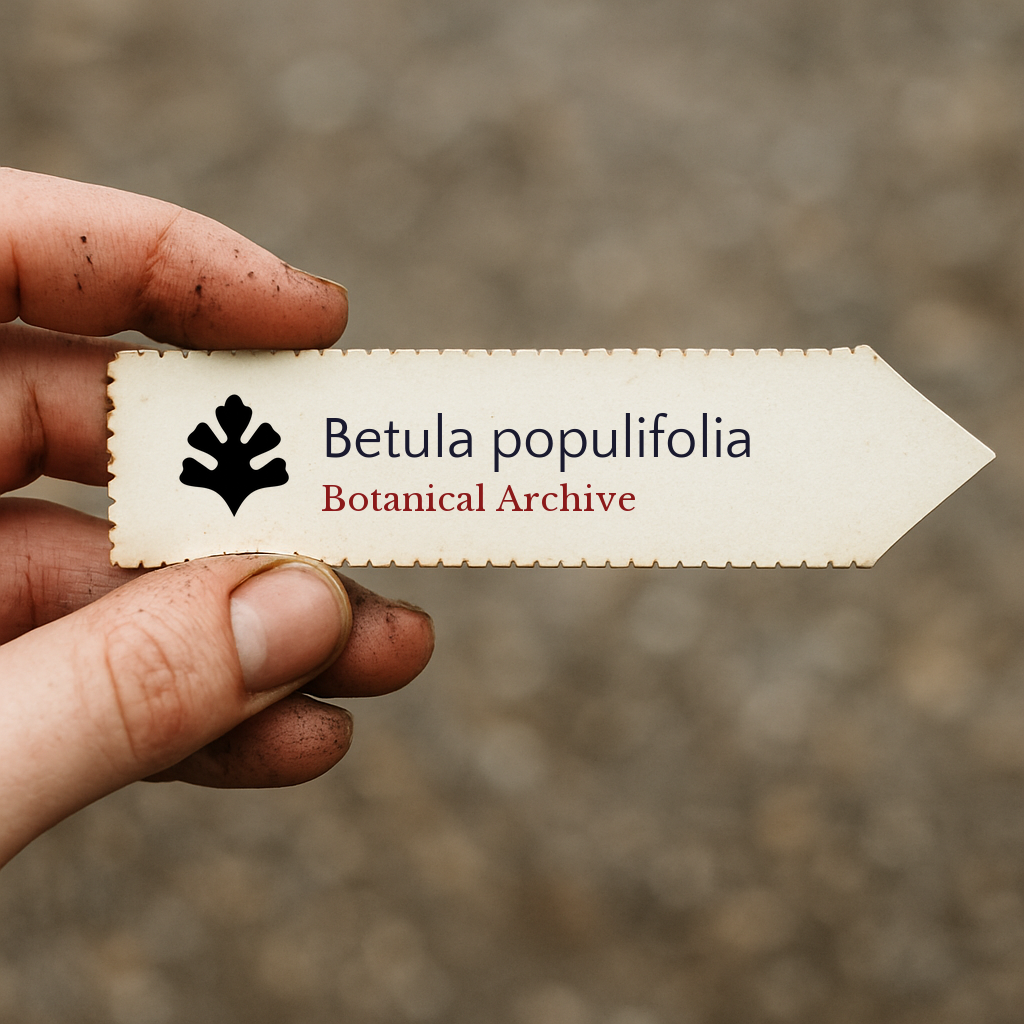 Printed plant label for Betula populifolia with botanical archive logo held by hand