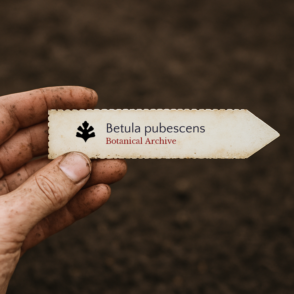 Etichetta per pianta di Betula pubescens con logo di Botanical Archive su sfondo di terreno
