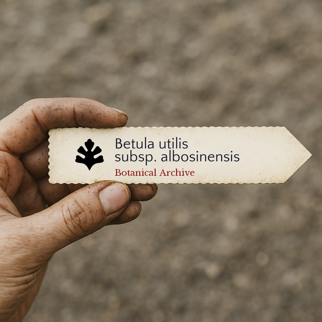 Plant label for Betula utilis subsp. albosinensis with botanical archive logo held by hand