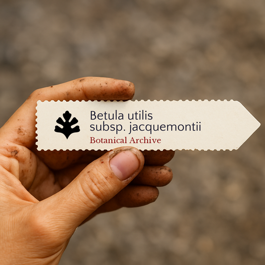 Etichetta della pianta stampata per Betula utilis subsp. jacquemontii tenuta da una mano sporca