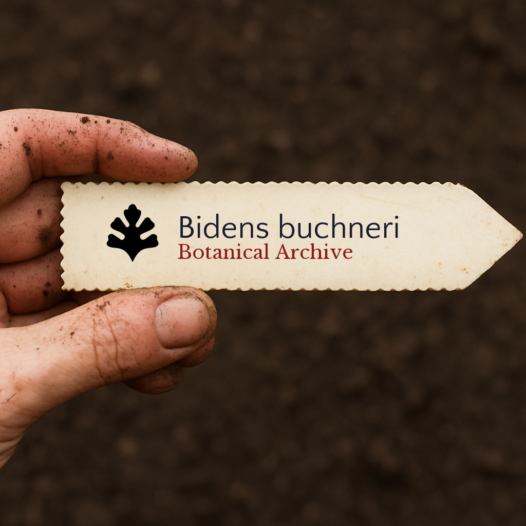 Printed plant label for Bidens buchneri held by dirty hand over soil background