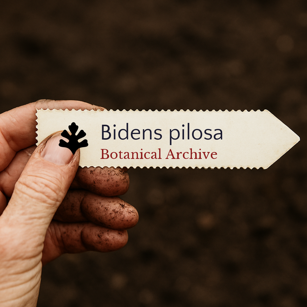 Printed plant label for Bidens pilosa held by dirty hand with soil background