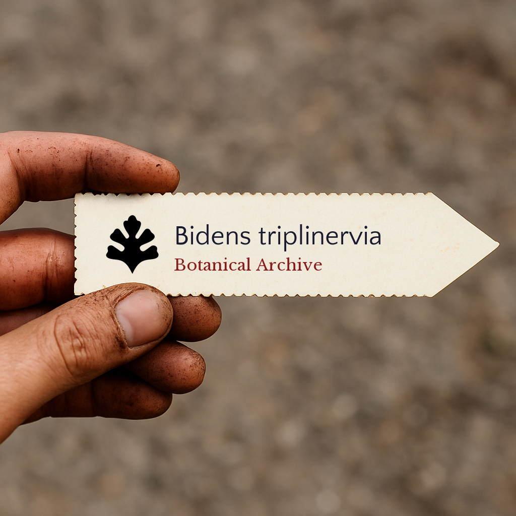 Printed plant label for Bidens triplinervia held by dirty hand outdoors