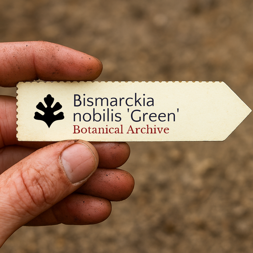 Printed plant label for Bismarckia nobilis 'Green' held by hand with soil background