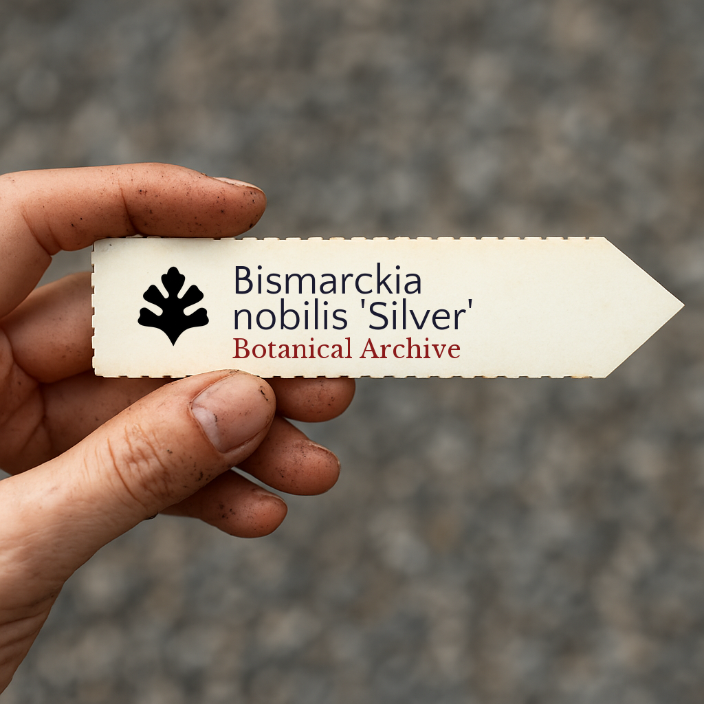 Etichetta per pianta stampata per Bismarckia nobilis 'Silver' tenuta in mano con terra sulle dita