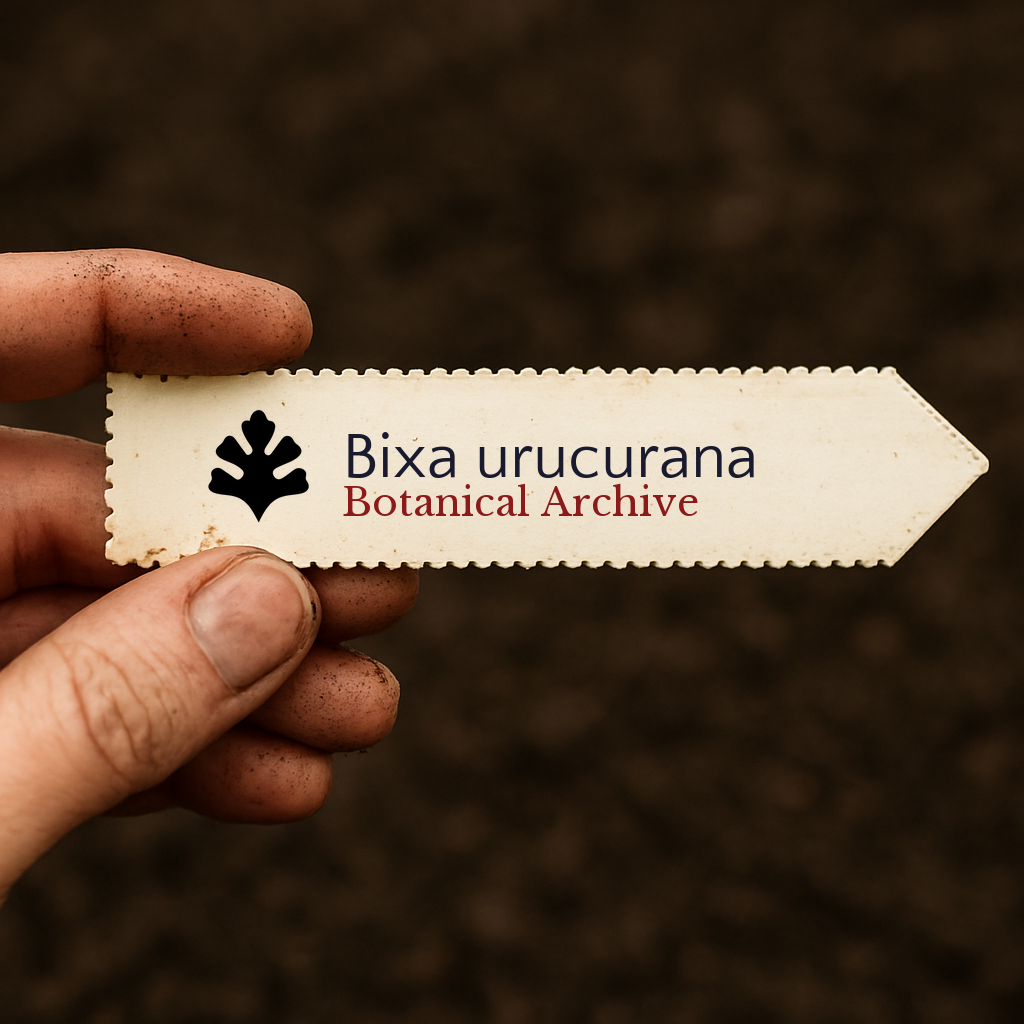 Printed plant label for Bixa urucurana held by dirty hand over soil background