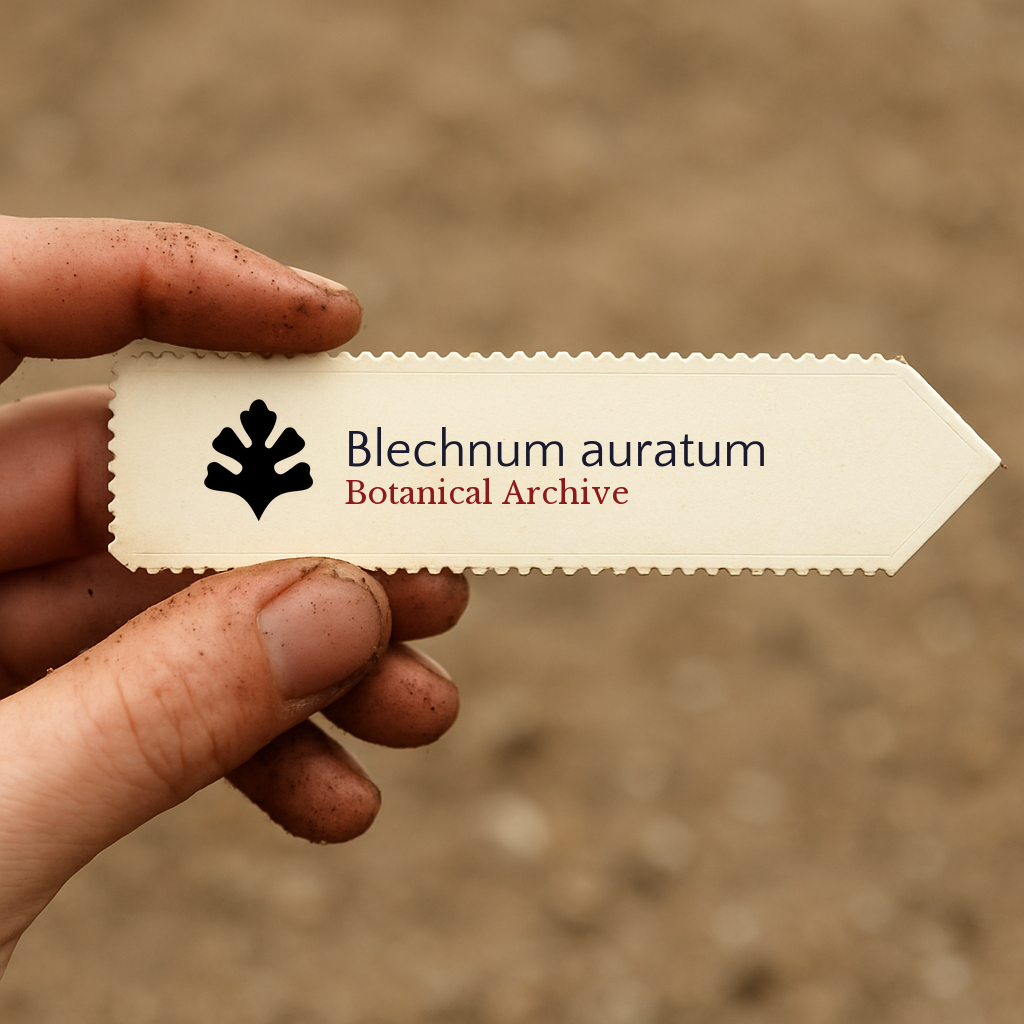 Printed plant label for Blechnum auratum held by hand with soil background