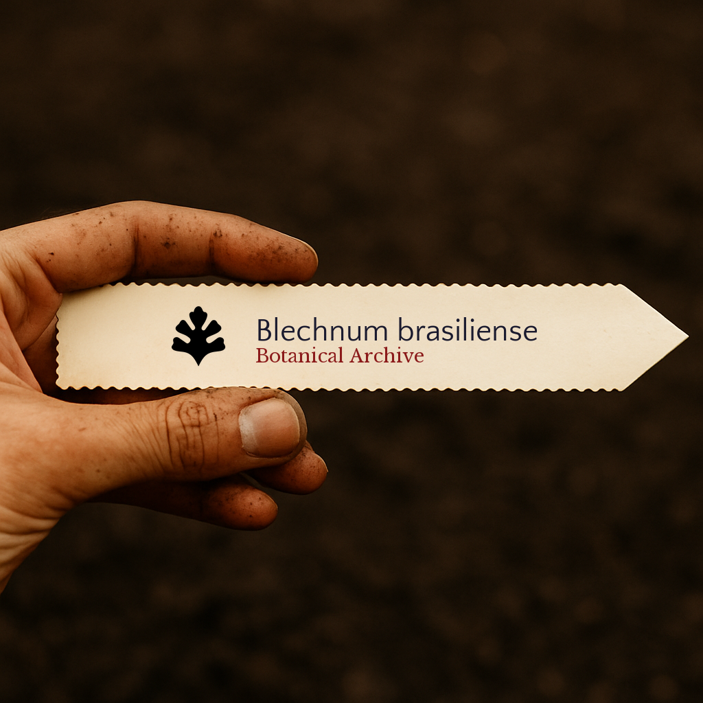 Printed plant label for Blechnum brasiliense held by hand with soil background