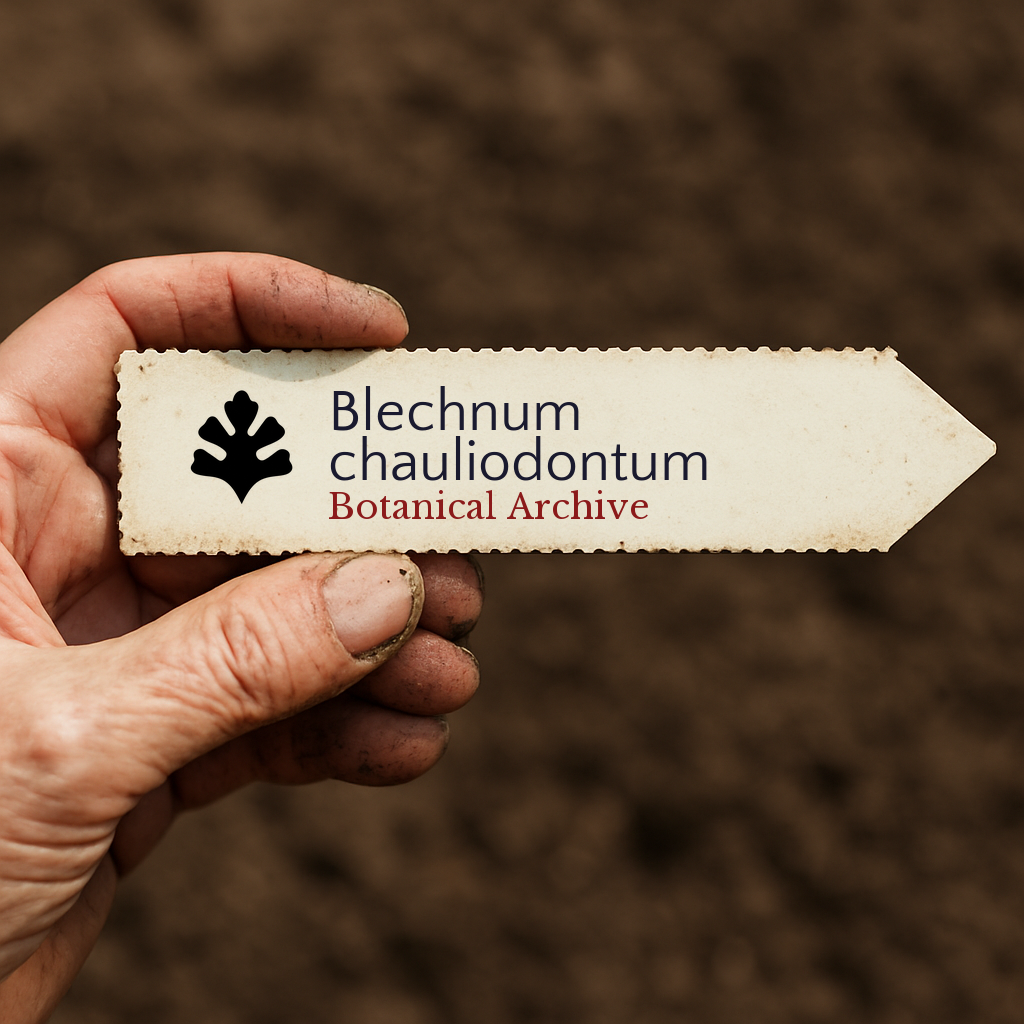 Printed plant label for Blechnum chauliodontum held over soil background