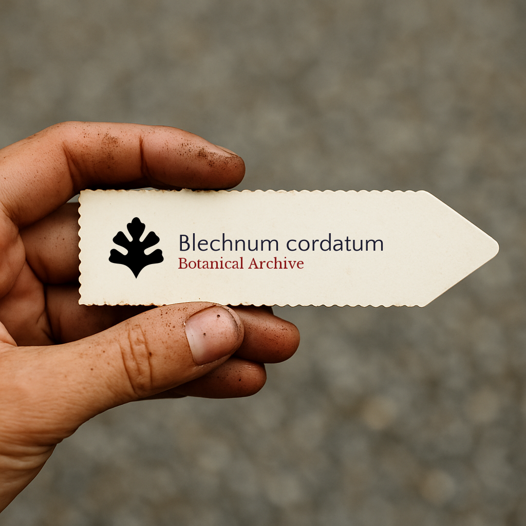 Etichetta botanica stampata per Blechnum cordatum tenuta a mano con terriccio sulle dita