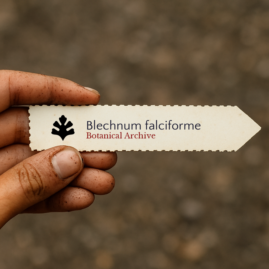 Printed plant label for Blechnum falciforme held by hand with soil-stained fingers