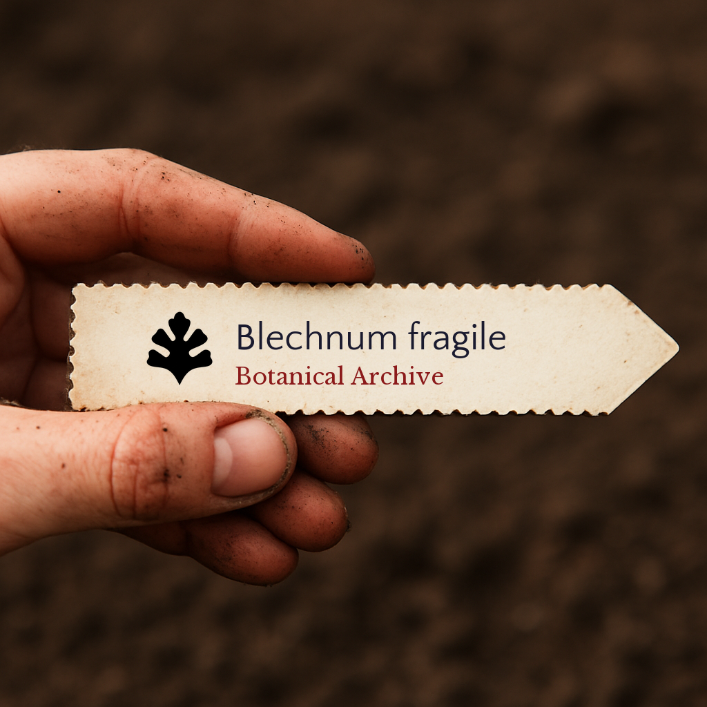 Etichetta per pianta stampata per Blechnum fragile tenuta da mano sporca su sfondo di terreno
