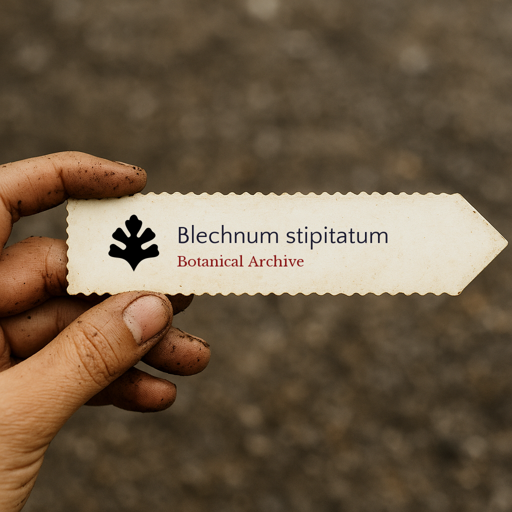 Plant label for Blechnum stipitatum with botanical archive logo held by dirty hand