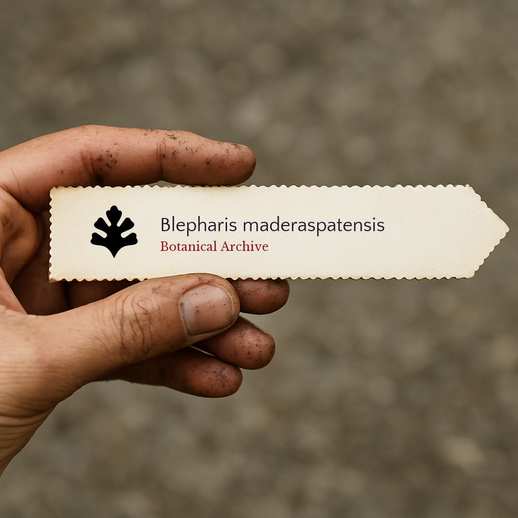 Printed plant label for Blepharis maderaspatensis held by dirty hand outdoors