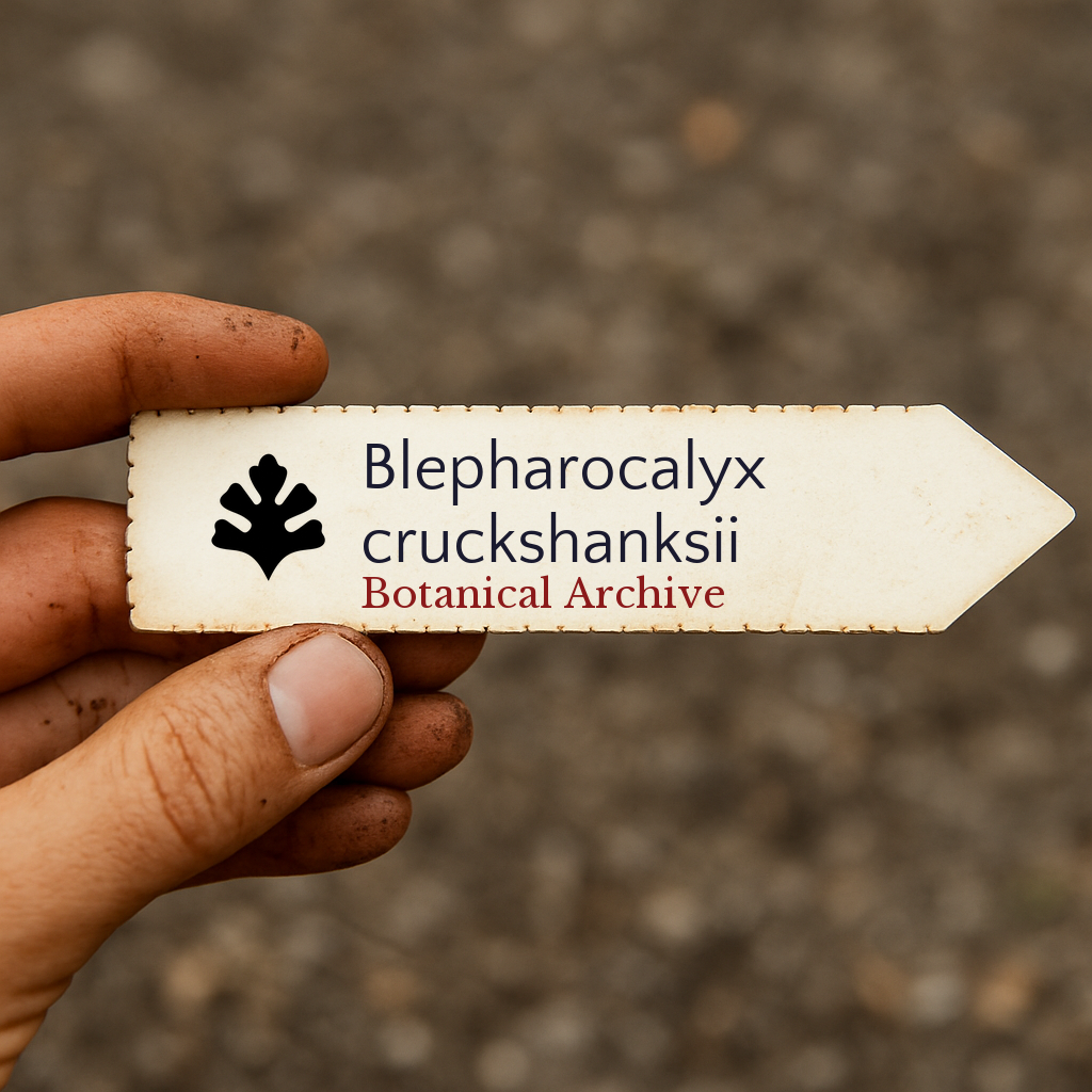 Etichetta stampata per pianta di Blepharocalyx cruckshanksii con il logo Botanical Archive tenuta a mano