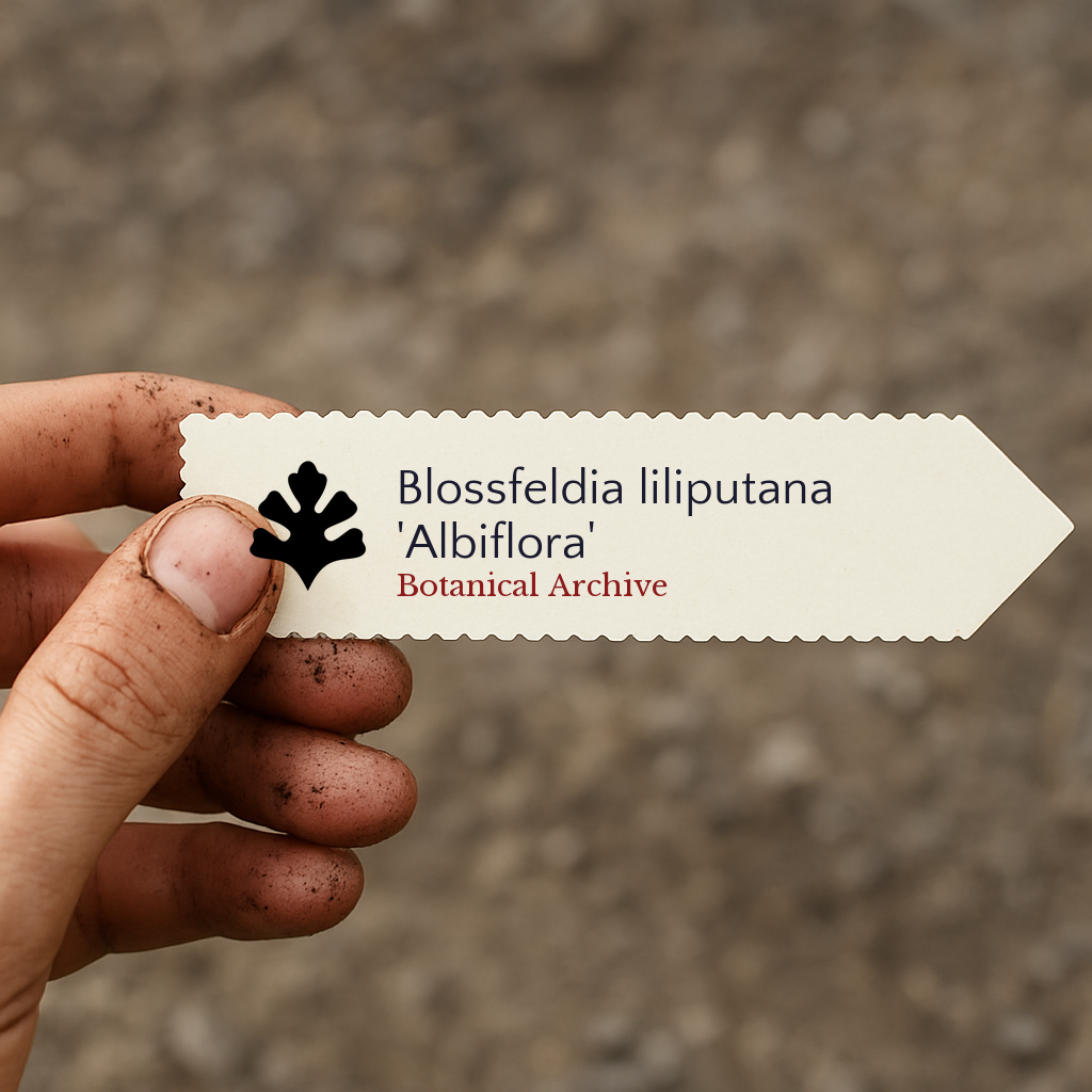 Printed plant label for Blossfeldia liliputana 'Albiflora' held by dirty hand outdoors