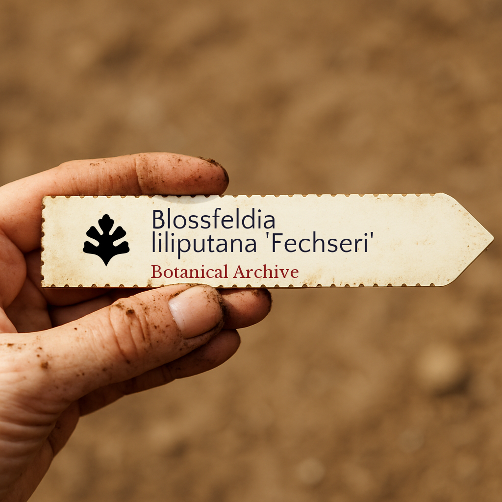 Etichetta stampata per pianta di Blossfeldia liliputana 'Fechseri' tenuta nella mano del giardiniere con sfondo di terreno