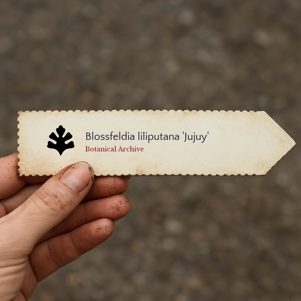 Printed plant label for Blossfeldia liliputana 'Jujuy' held in hand with dirt background