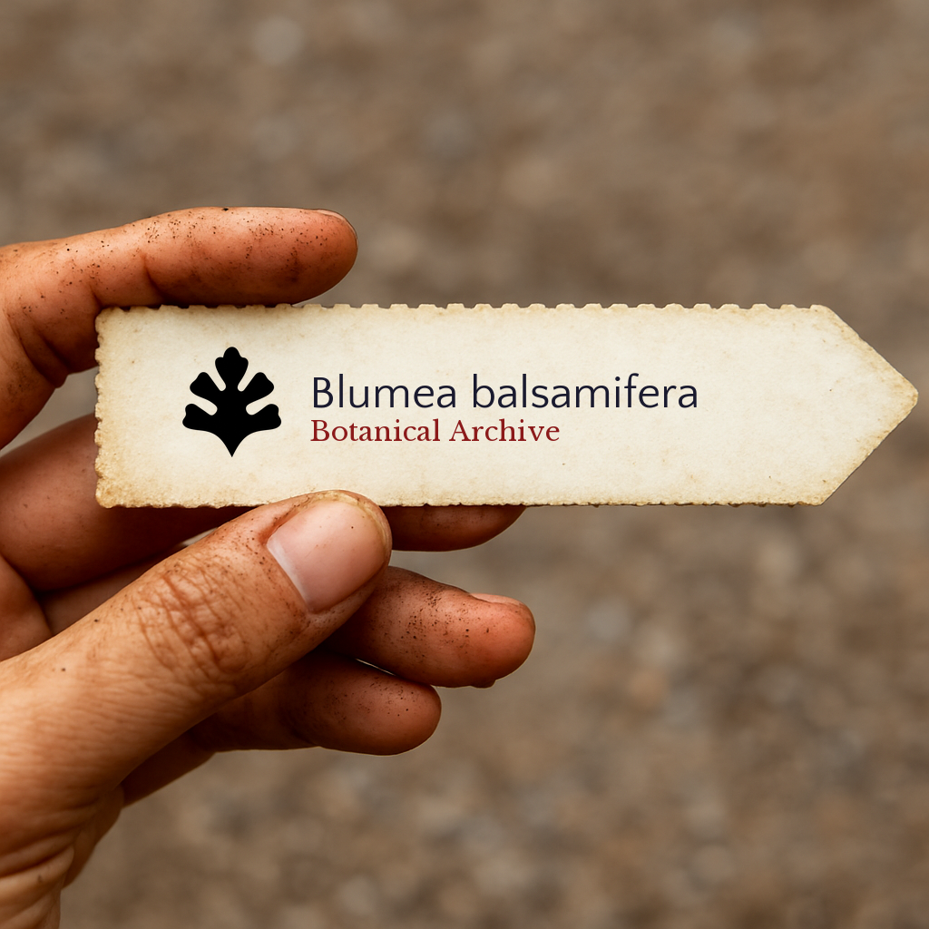 Etichetta per pianta stampata per Blumea balsamifera Botanical Archive tenuta da mano sporca