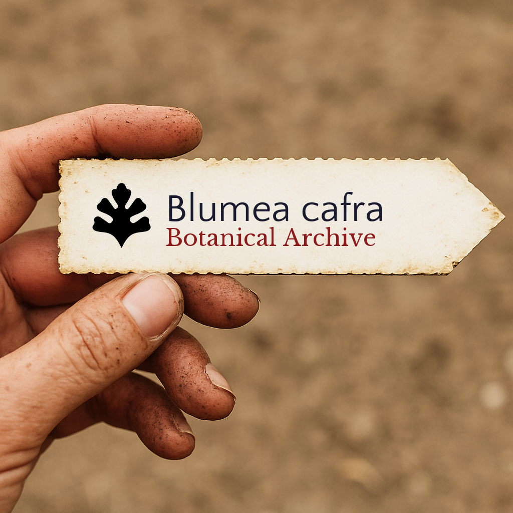 Etichetta stampata per pianta di Blumea cafra Botanical Archive tenuta da mano sporca