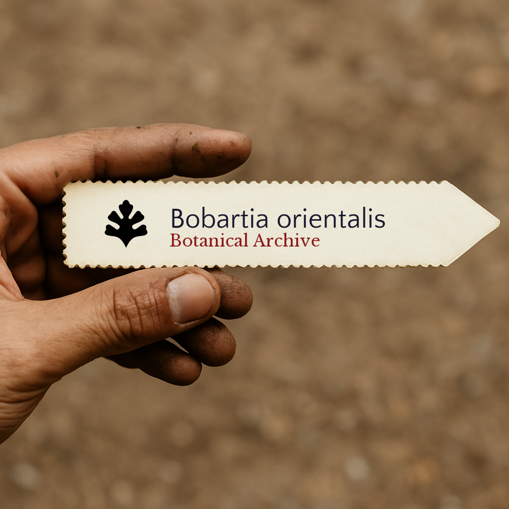 Printed plant label for Bobartia orientalis held by dirty hand against soil background