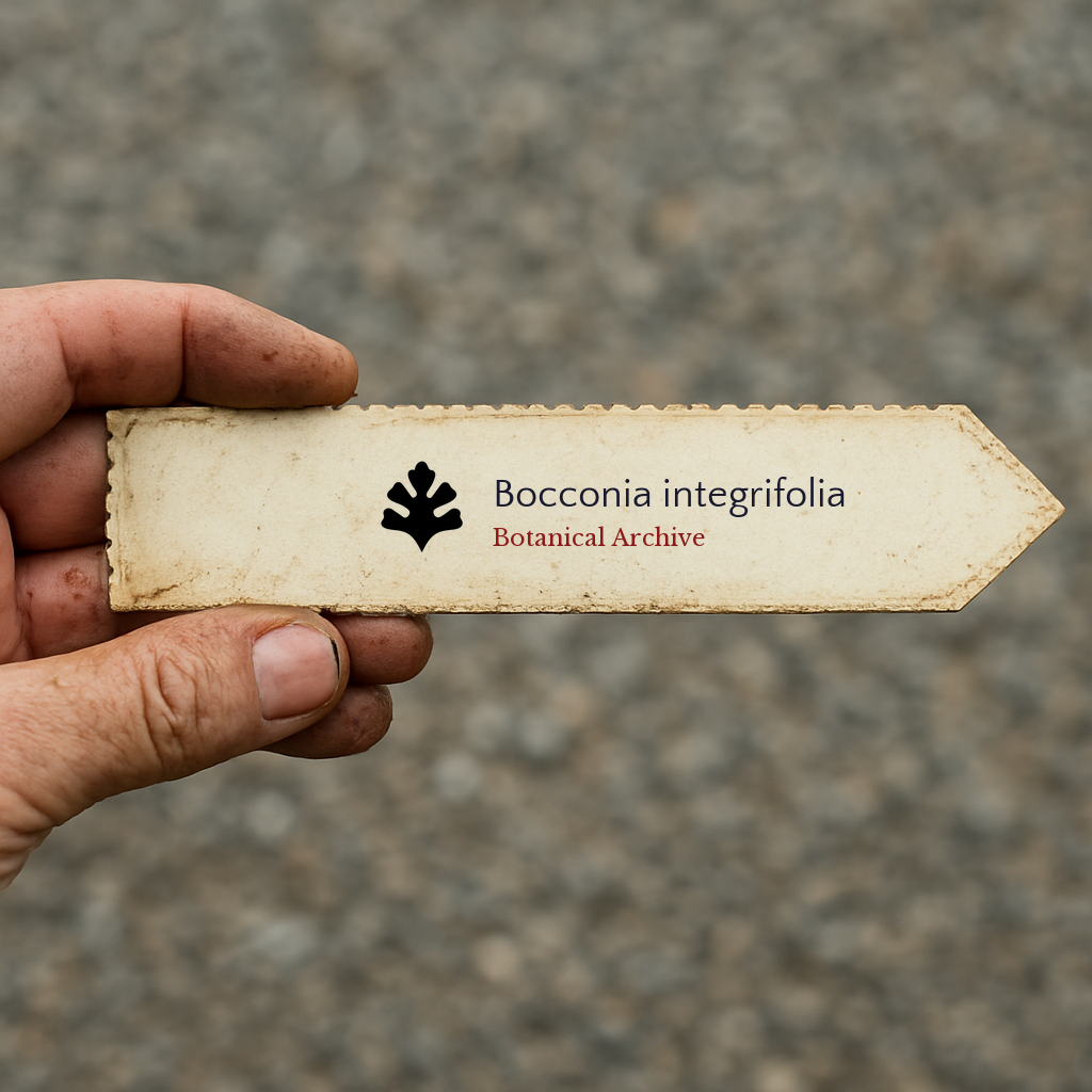 Etichetta stampata per pianta Bocconia integrifolia con logo Botanical Archive su carta invecchiata