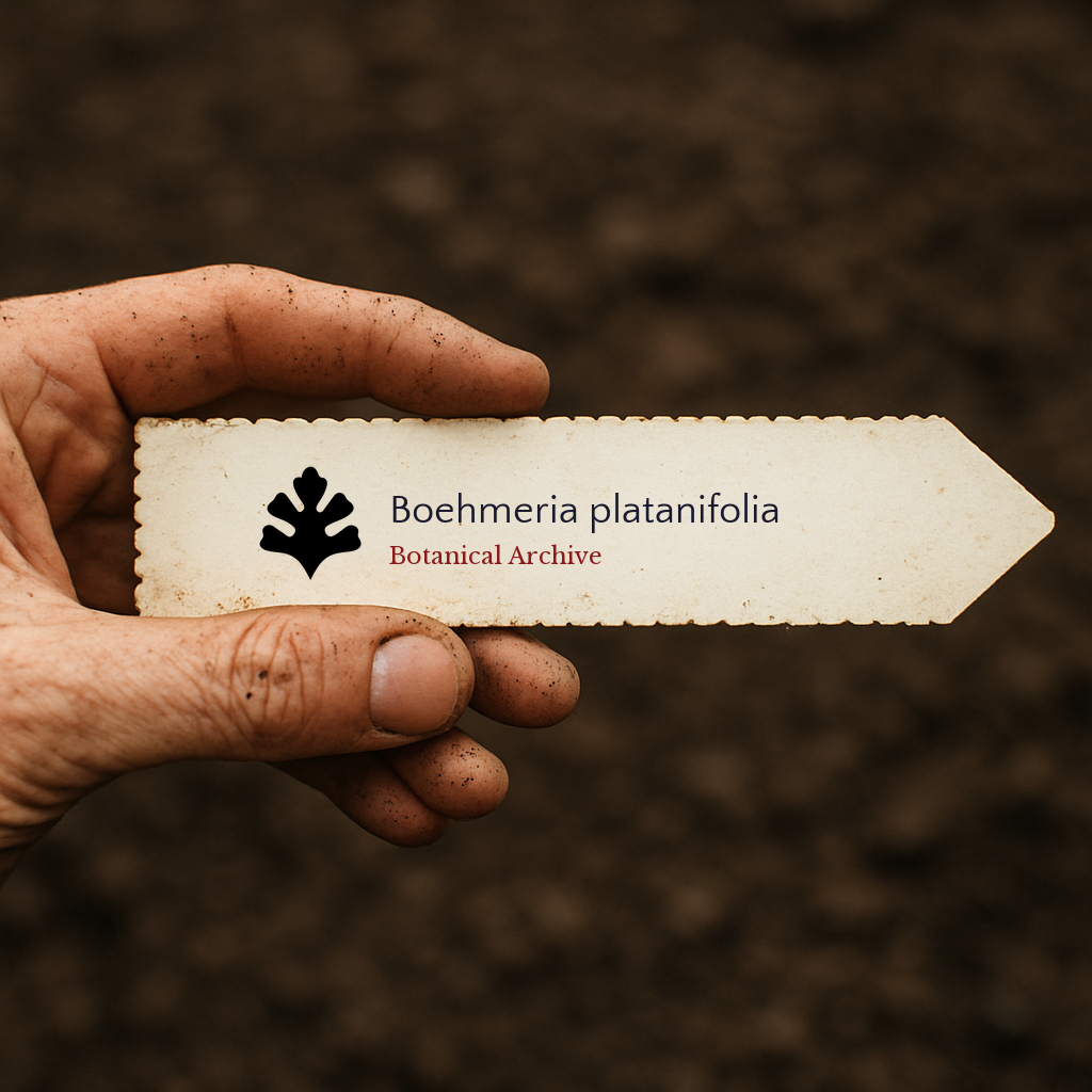 Etichetta per piante stampata per Boehmeria platanifolia tenuta da una mano sporca con sfondo di terreno