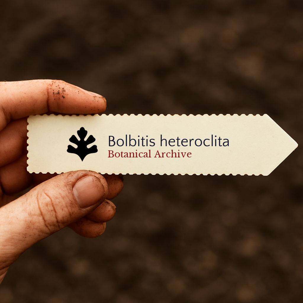 Etichetta per piante stampata per Bolbitis heteroclita con il logo di Botanical Archive tenuta da mano sporca