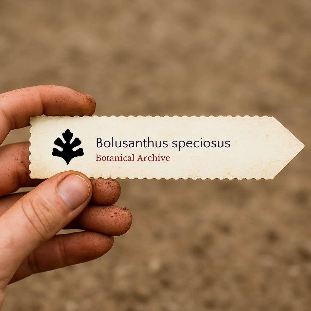 Etichetta vegetale stampata per Bolusanthus speciosus tenuta a mano con sfondo di terreno