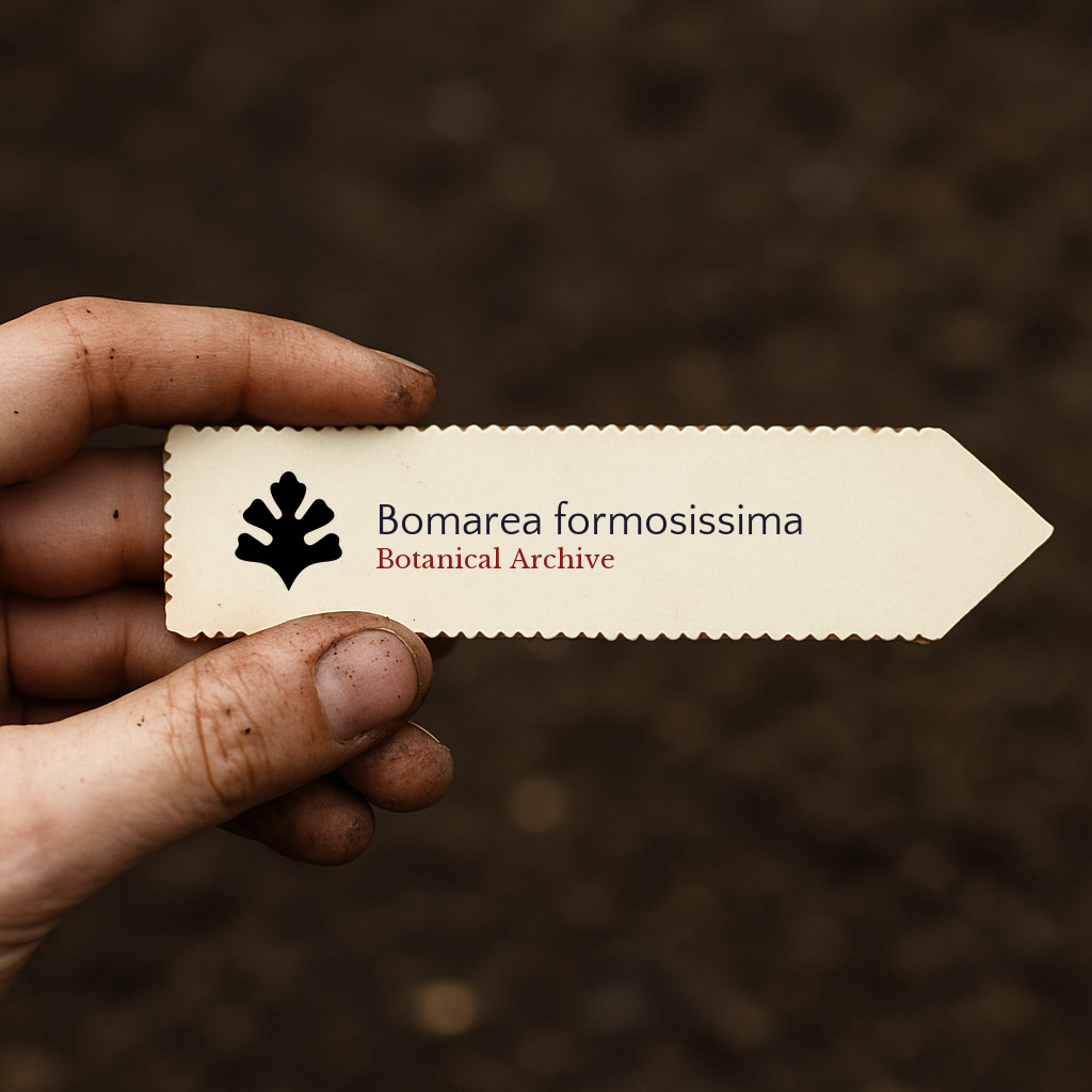 Printed plant label for Bomarea formosissima held by dirty hand over soil background